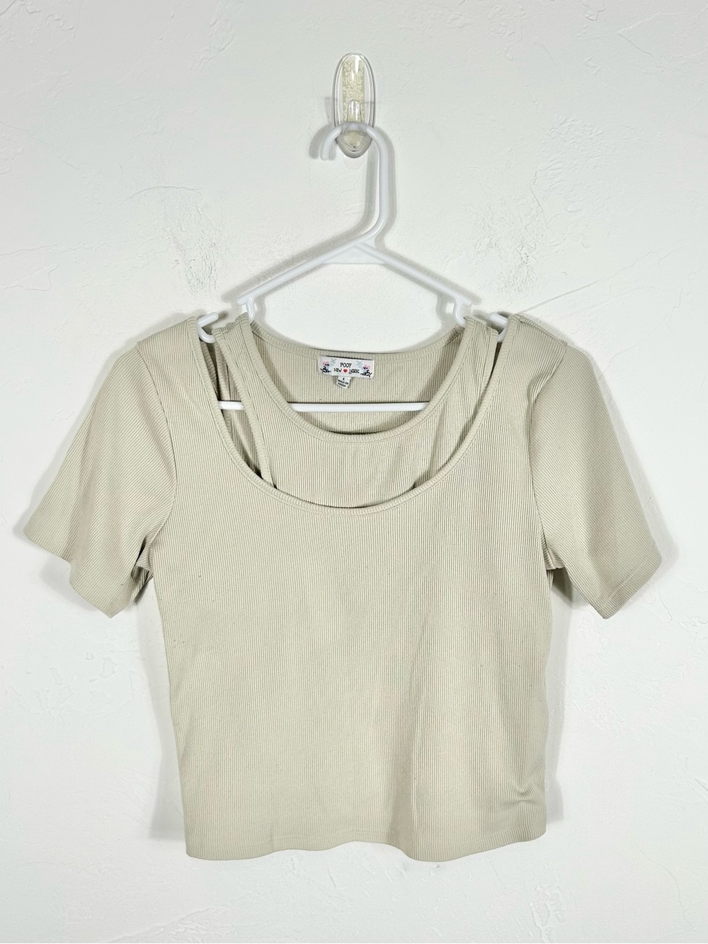 Poof New York Beige Ribbed Cut Out Illusion 2 Piece Look Crop Top L